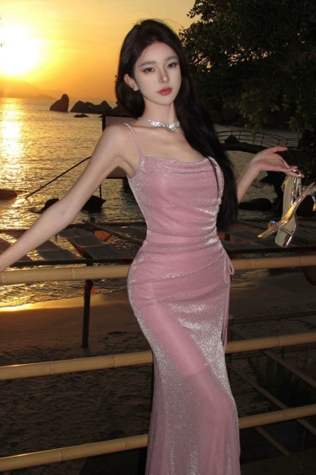Modest Mermaid Spaghetti Strap Pink Sequin Slit High Evening Dresses