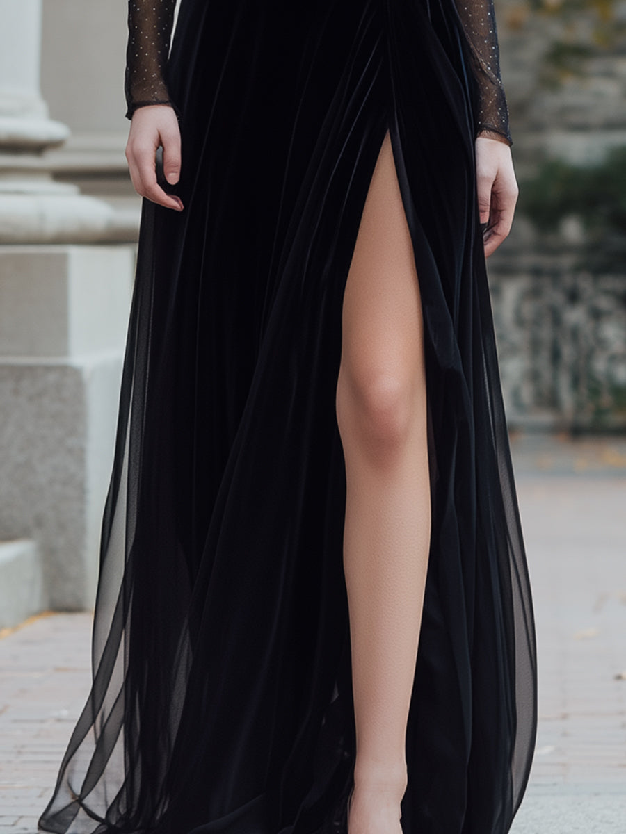Black Velvet Evening Gown With Sheer Sleeves