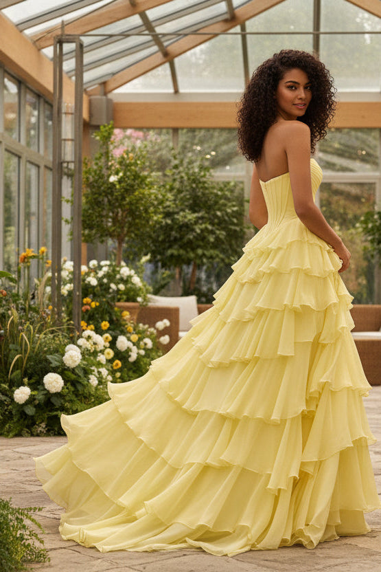 Strapless A Line Corset Bodice Chiffon Ruffle Prom Dress with Slit