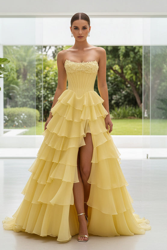 Strapless A Line Corset Bodice Chiffon Ruffle Prom Dress with Slit