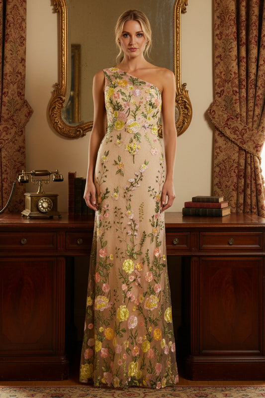 Beige One Shoulder Floral Embroidered Gown Evening Dress