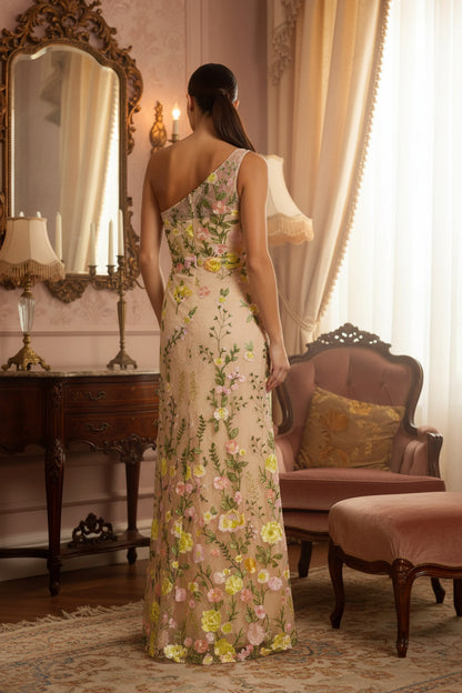 Beige One Shoulder Floral Embroidered Gown Evening Dress