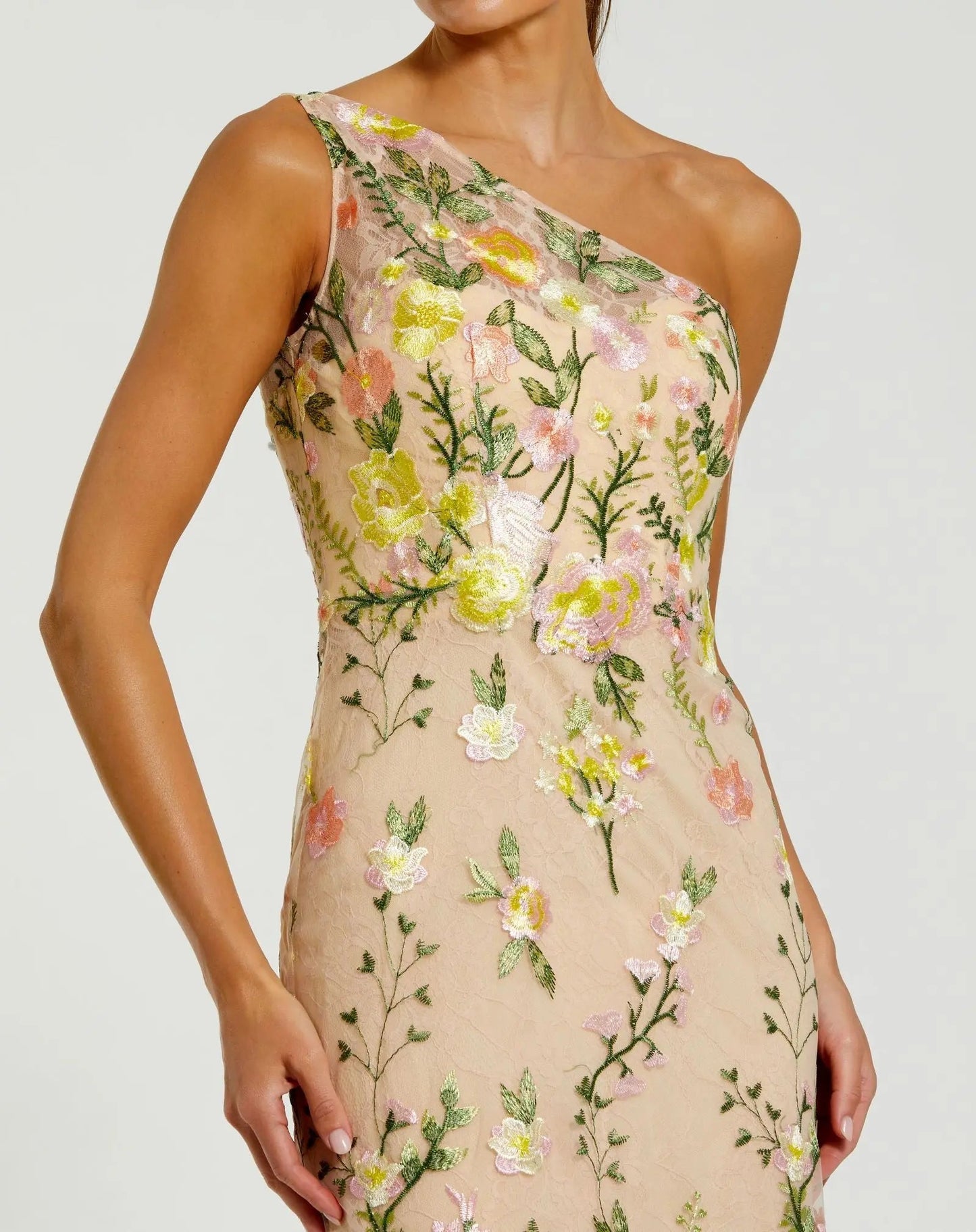 Beige One Shoulder Floral Embroidered Gown Evening Dress