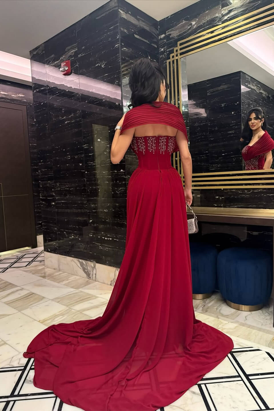 Bugurndy Off-the-Shoulder Chiffon Evening Dress Strapless Slit Long With Beads