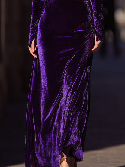 Purple Off-Shoulder Velvet Evening Dress