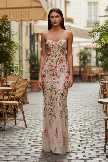 Nude Strapless Floral Embroidered Evening Gown - Formal Dress for Wedding Guest