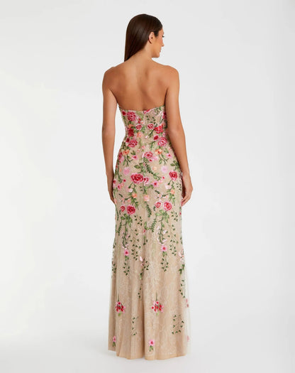 Nude Strapless Floral Embroidered Evening Gown - Formal Dress for Wedding Guest