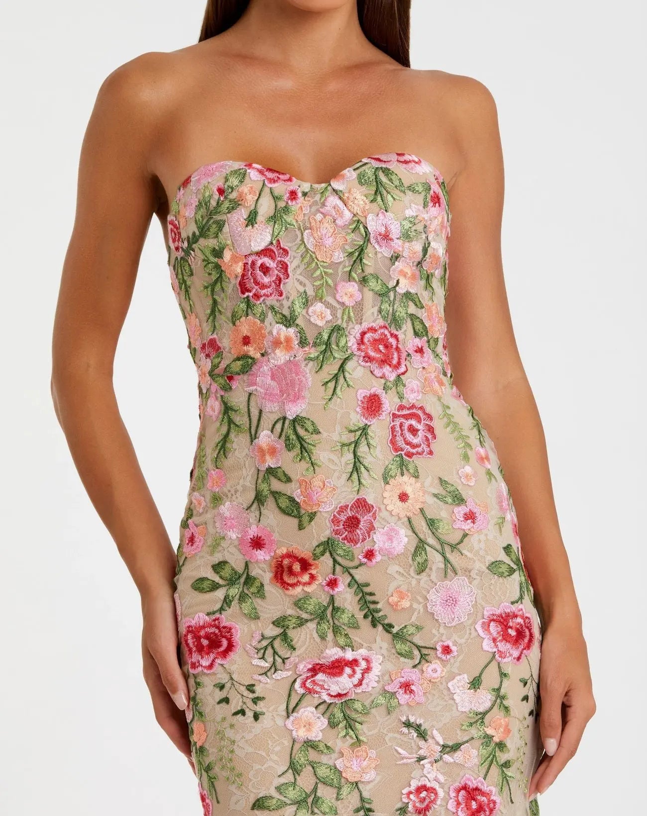 Nude Strapless Floral Embroidered Evening Gown - Formal Dress for Wedding Guest