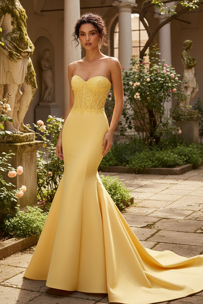 Yellow Lace Corset Bodice Strapless Mermaid Prom Gown with Bow