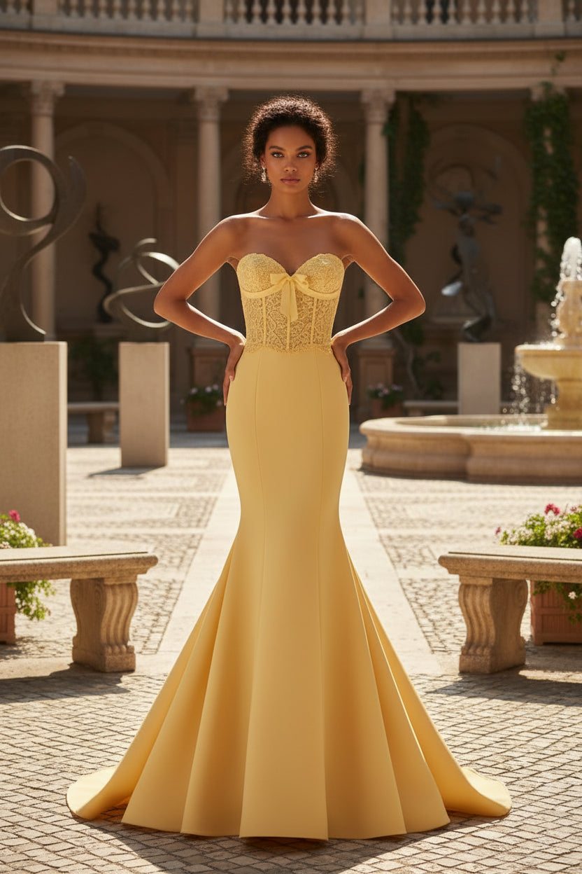 Yellow Lace Corset Bodice Strapless Mermaid Prom Gown with Bow