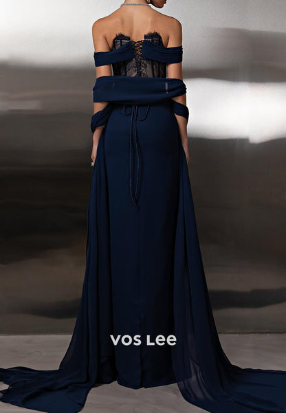 Dark Navy - Sweetheart Lace Floor-Length Pleated Sheath Evening Dresses