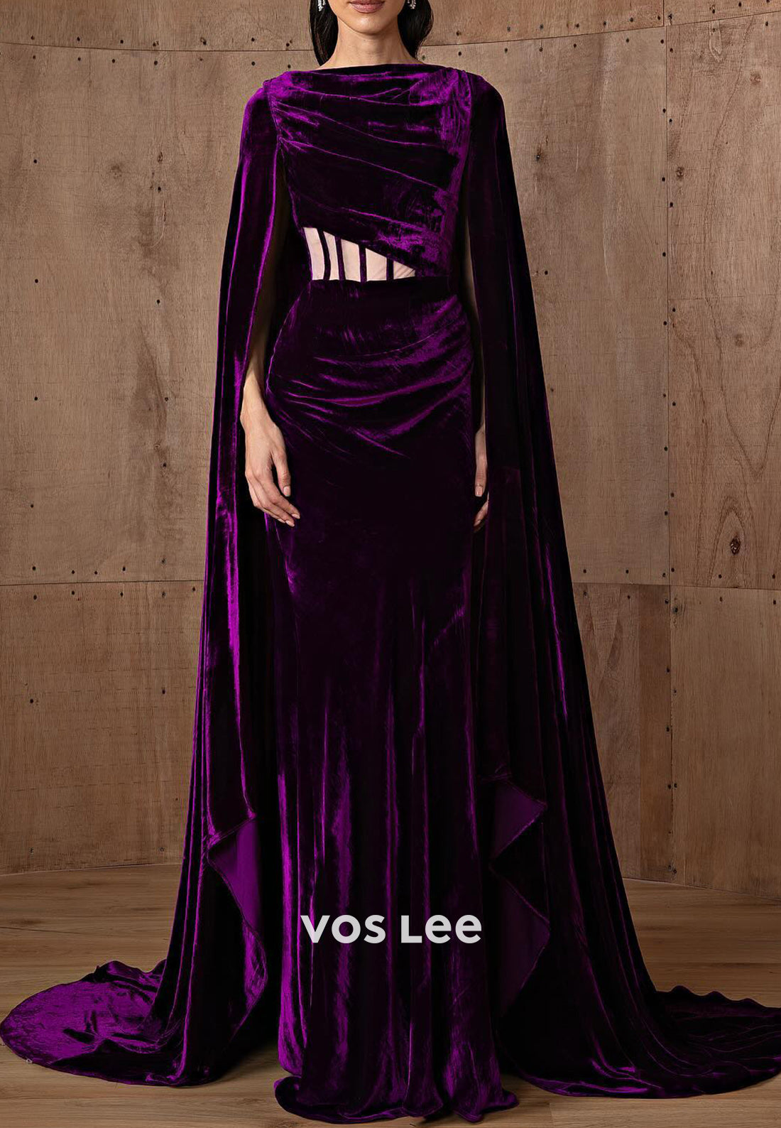 Grape Velvet Scoop Pleated Mermaid Evening Dresses with Sweep Train
