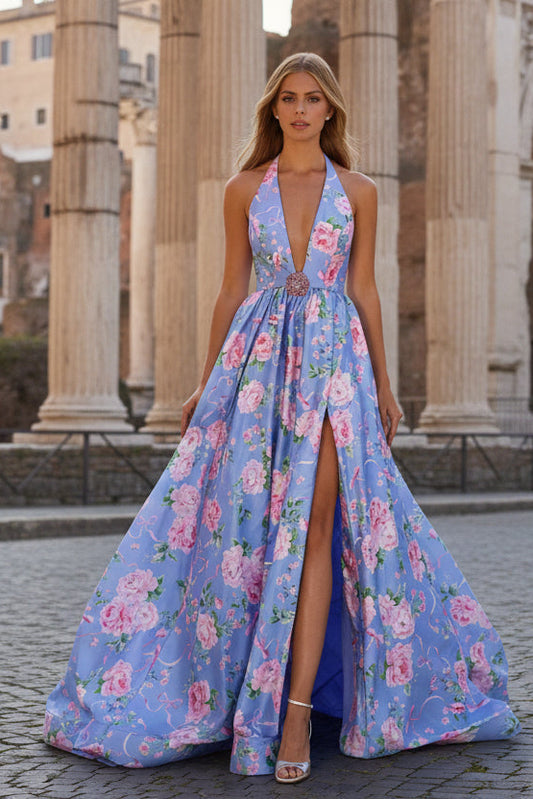Halter Floral Print Gown with Plunging Deep V Neckline and Slit