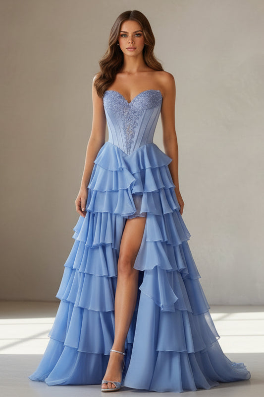 Strapless Corset Bodice Lace Appliques Chiffon Ruffle with Slit