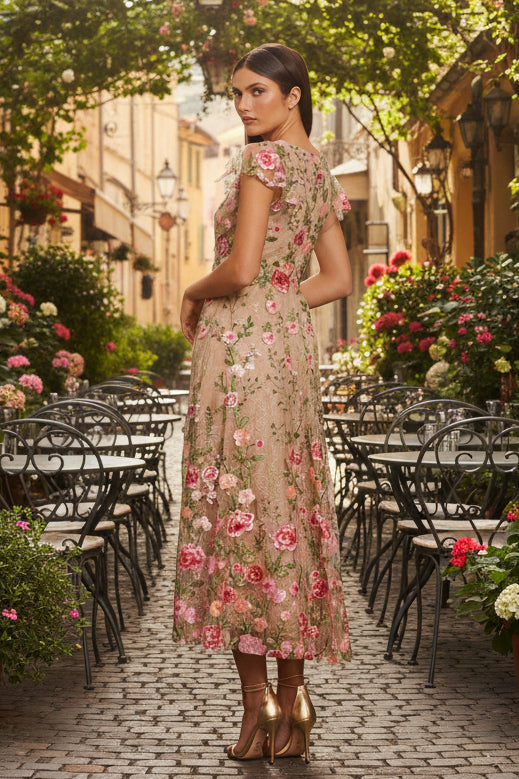 Nude Pink Floral Embroidered V-Neck Midi Dress