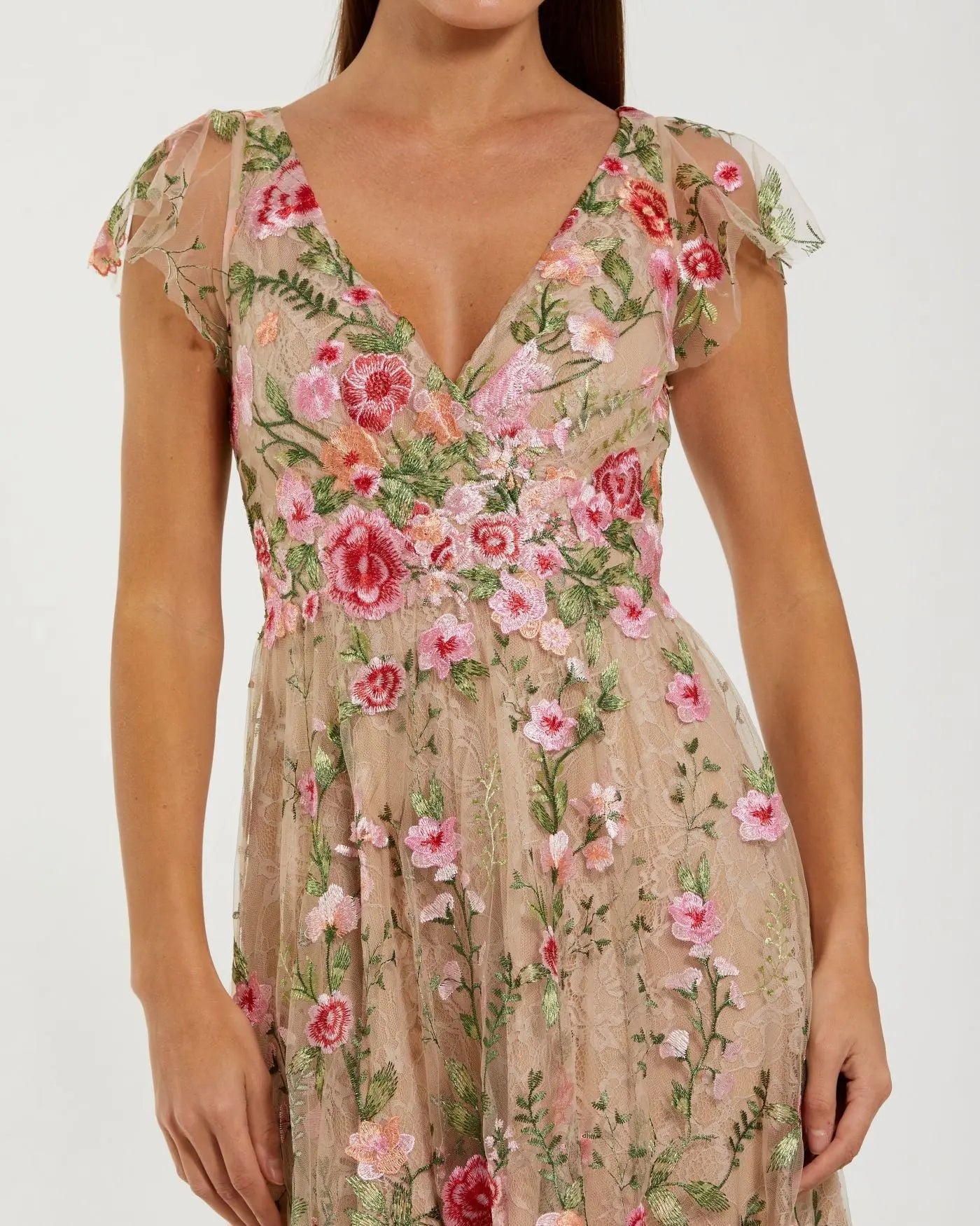 Nude Pink Floral Embroidered V-Neck Midi Dress
