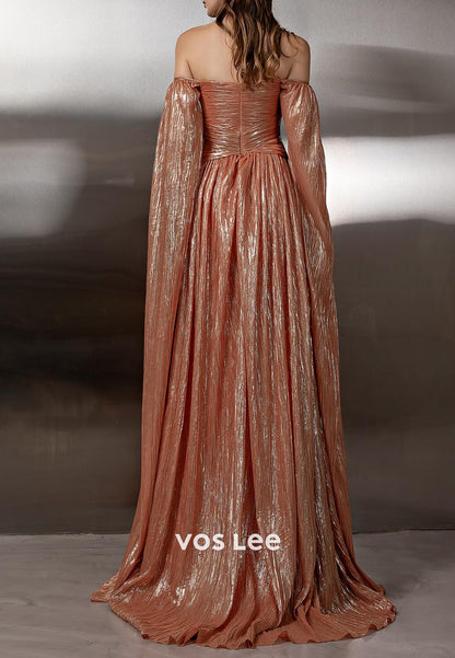 A-Line Mai Tai Off the Shoulder Floor-Length Pleated Evening Dresses