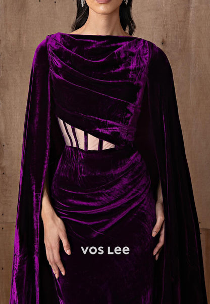 Grape Velvet Scoop Pleated Mermaid Evening Dresses with Sweep Train