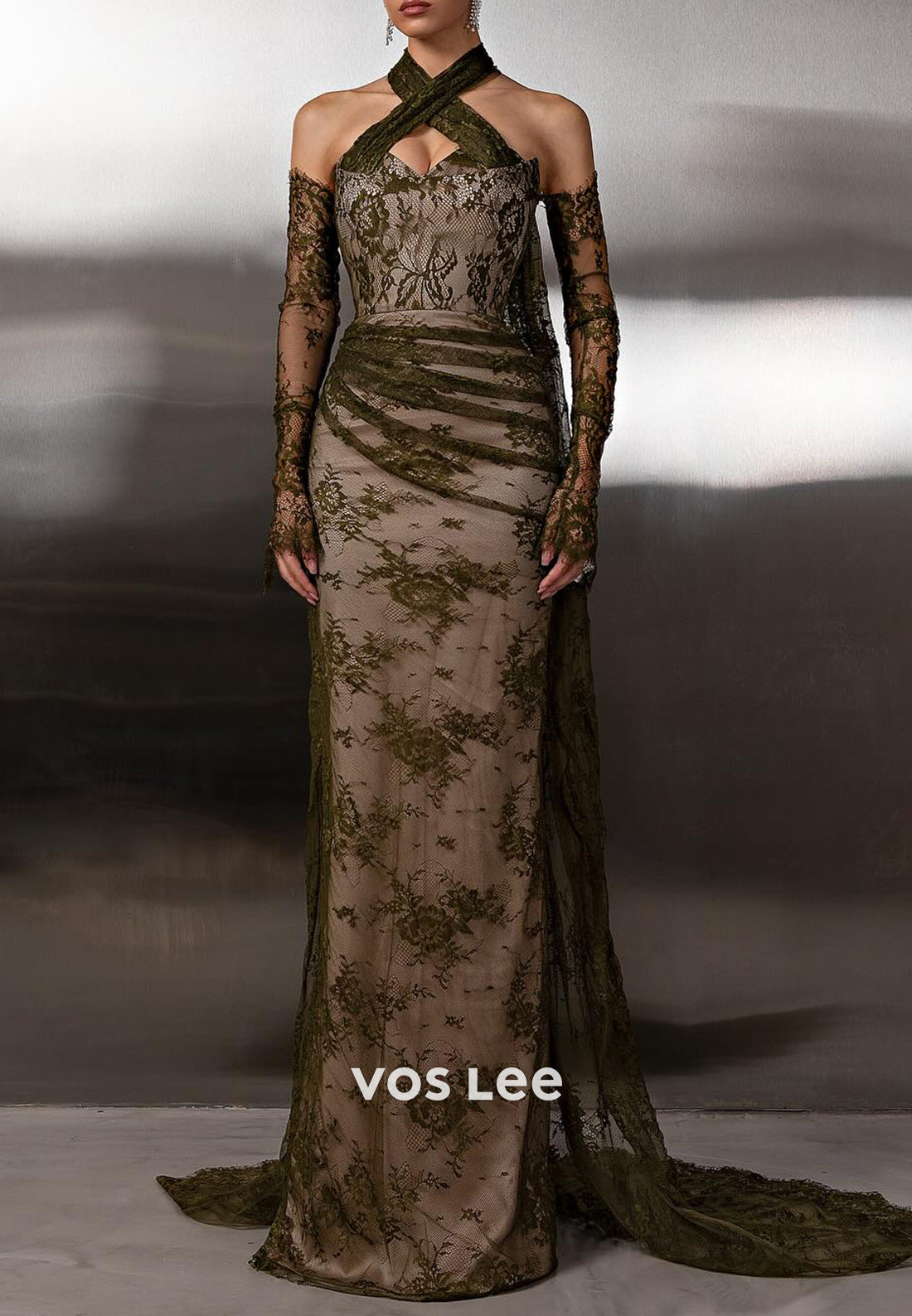 Olive - Long Sleeve Halter Appliques Lace Floor-Length Sheath Evening Gowns