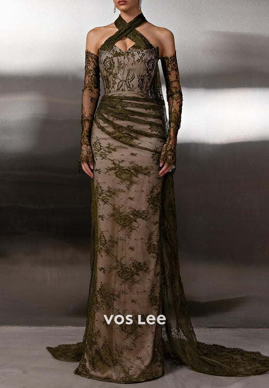 Olive - Long Sleeve Halter Appliques Lace Floor-Length Sheath Evening Gowns