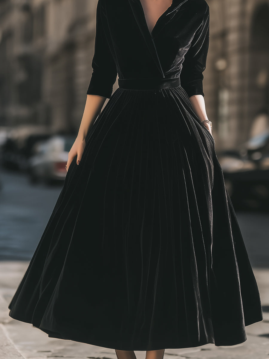 Elegant Velvet Pleated Midi Coat Dress