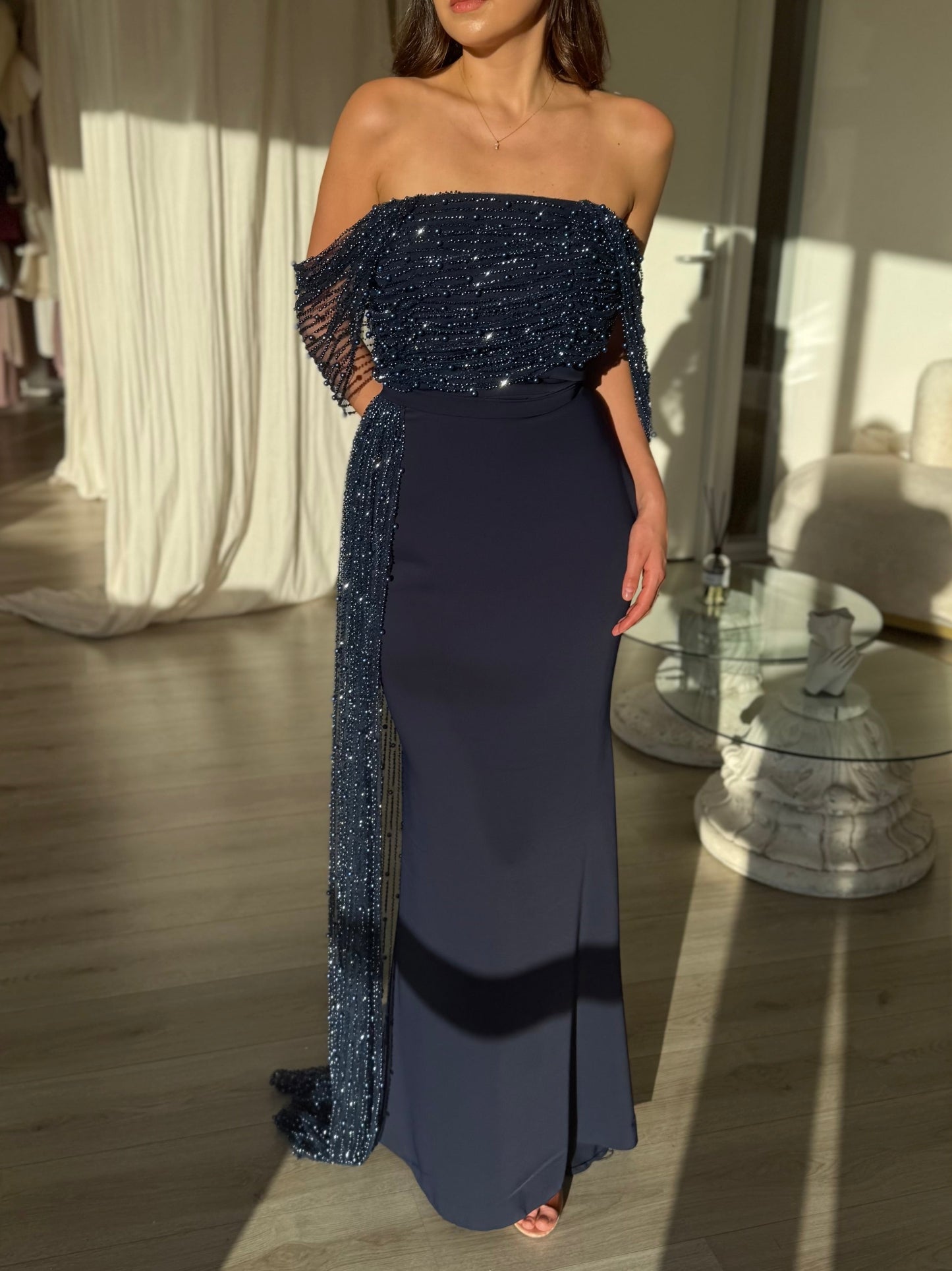 Navy Blue Off-the-Shoulder Sequin Evening Gown with Detachable Train