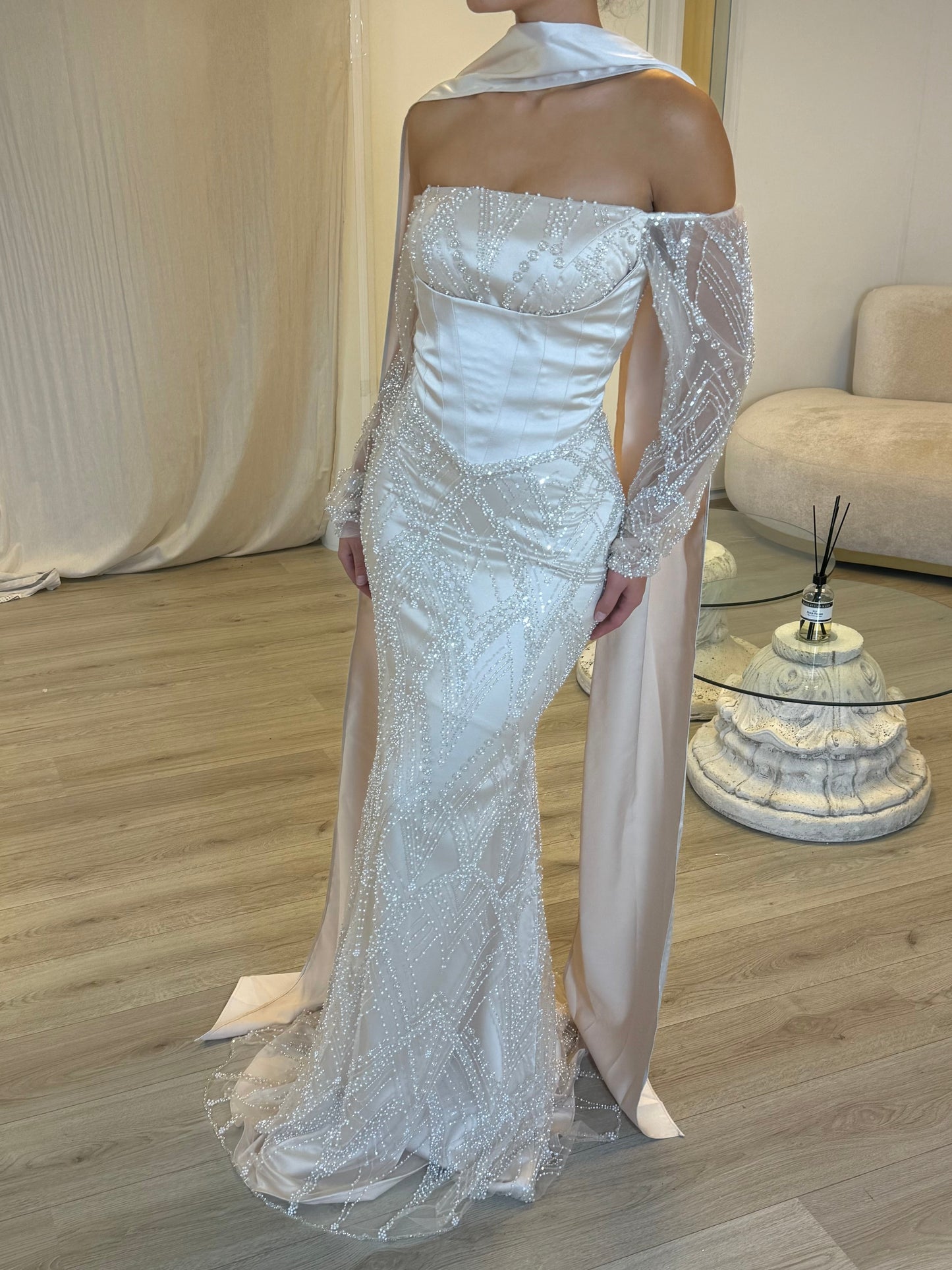 Elegant Pearl Beaded Mermaid Evening Gown | Off-Shoulder Long Sleeves  with Removable Cape