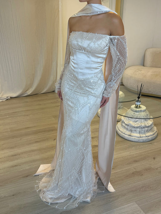 Elegant Pearl Beaded Mermaid Evening Gown | Off-Shoulder Long Sleeves  with Removable Cape