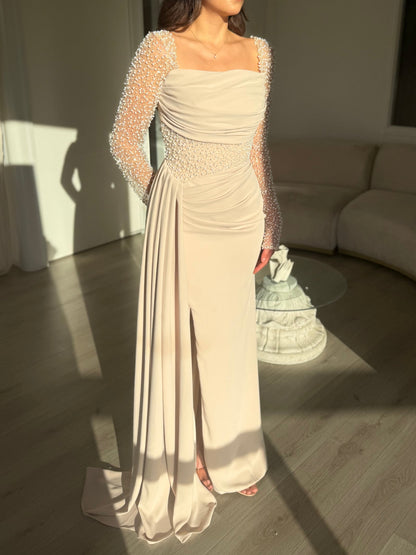 Champagne Off-Shoulder Evening Gown with Pearl Embellished Long Sleeves