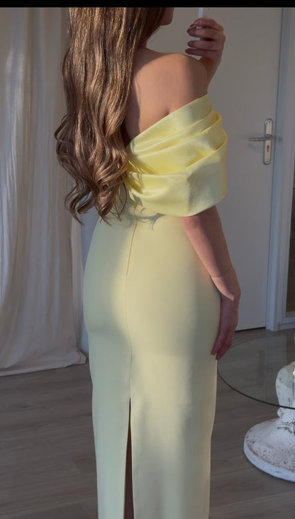 Lemon Yellow Off Shoulder Fitted Mermaid Formal Gown with Side Slit