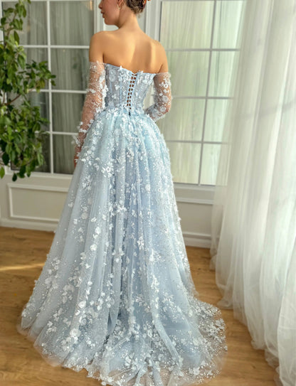 3D Floral Pink Off Shoulder Mermaid Prom Dress with Detachable Train