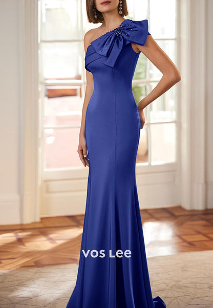 One Shoulder Pleated Bowknot Mermaid Mother of Bride Dresses with Sweep Train