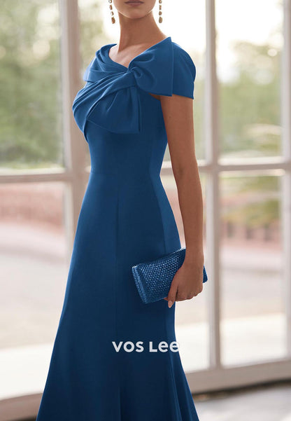 Short Sleeve Asymmetrical Neck Bowknot Mermaid Mother of Bride Dresses with Sweep Train
