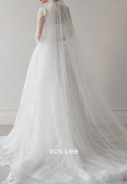 Long Sleeve Illusion Neck Appliques Lace Wedding Dresses with Chapel Train
