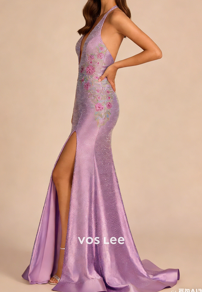 Halter V-Neck Strapless Mermaid Split Formal Prom Dresses With Beading