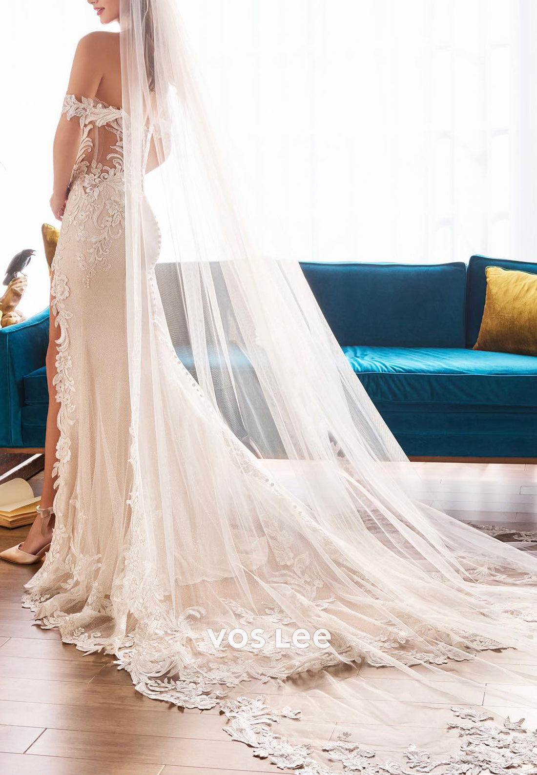 Off the Shoulder Sweetheart Appliques Lace Split Mermaid Wedding Dresses with Court Train