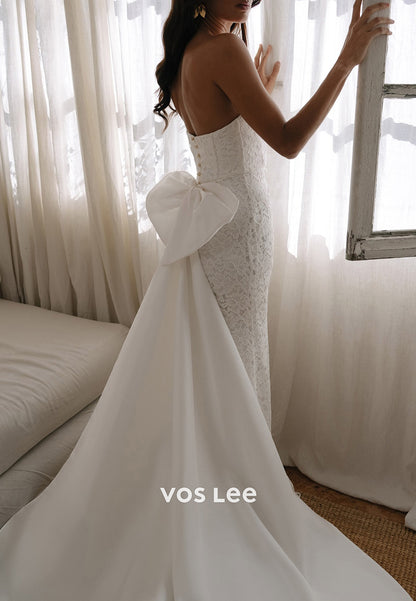 Long Sleeve High Neck Pleated Lace Mermaid Wedding Dresses with Sweep Train