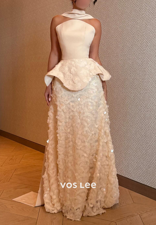 A-Line Strapless Sequined Embellished Evening Dresses with Sweep Train