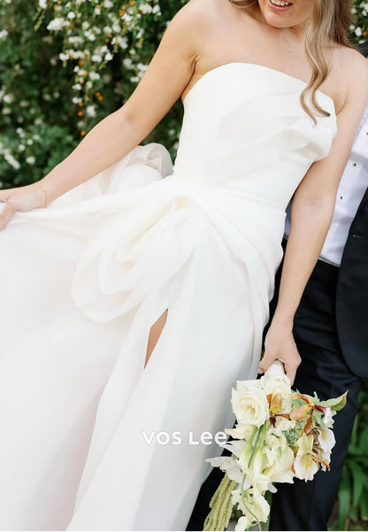 A-Line Strapless High Split Ruched Wedding Dresses with Court Train
