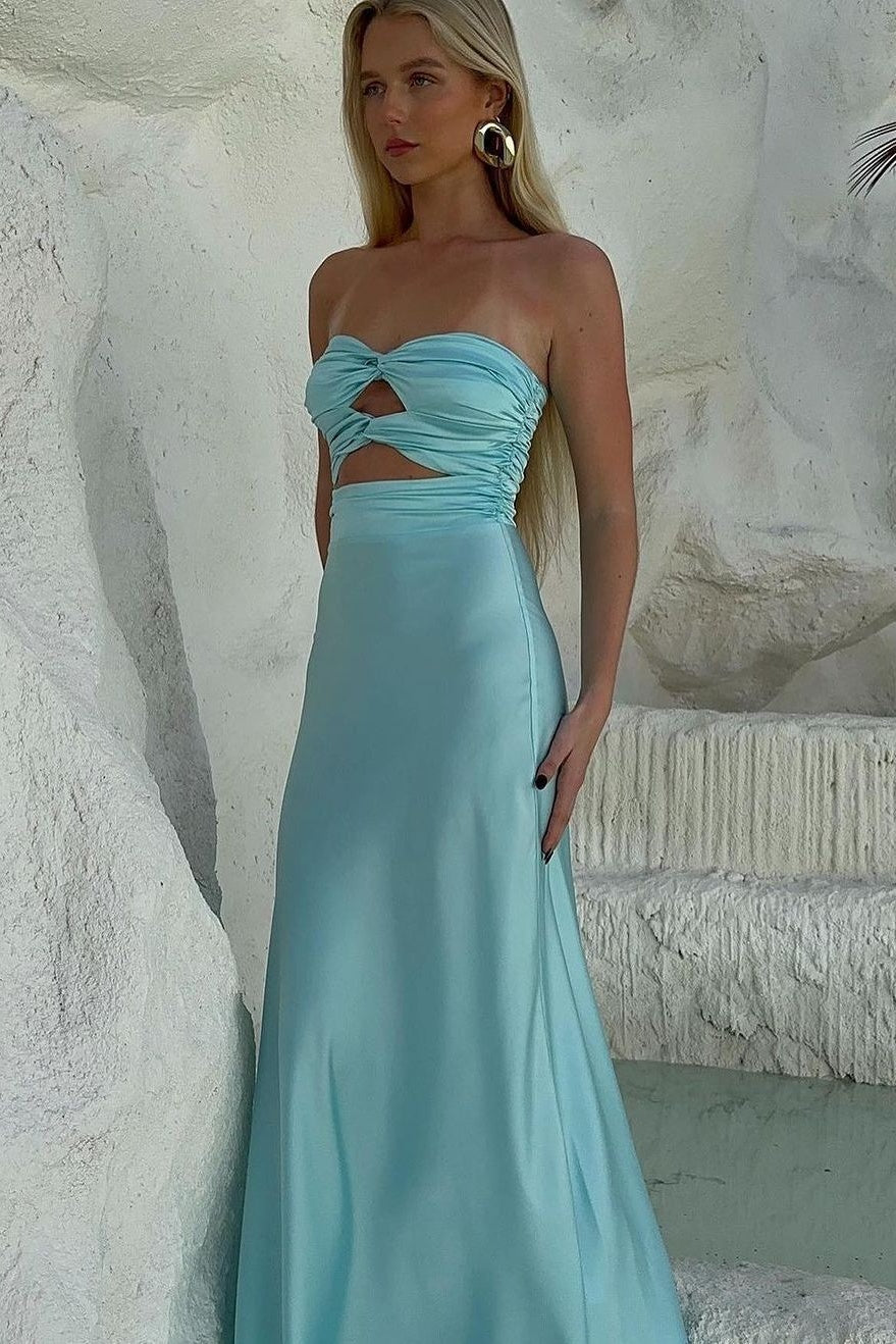 Simple Sheath Sweetheart Blue Long Prom Dress with Keyhole