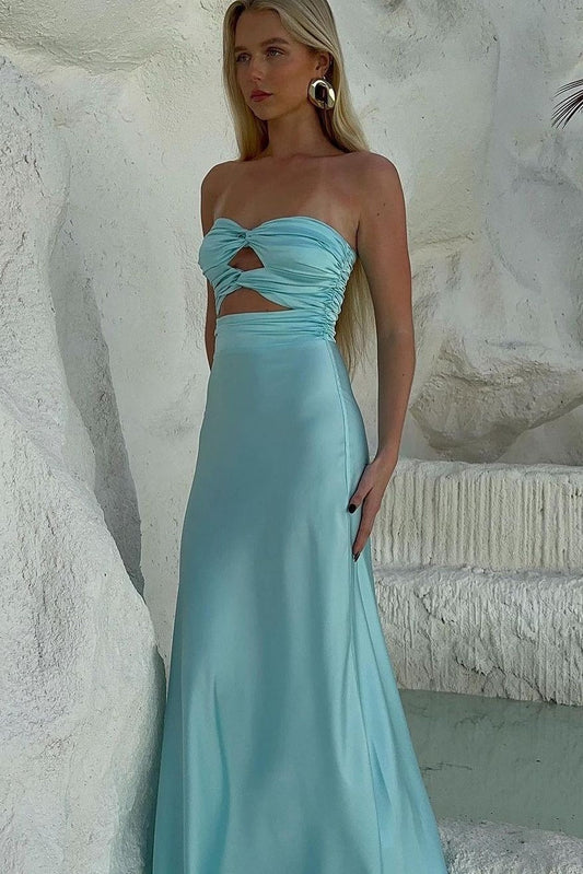 Simple Sheath Sweetheart Blue Long Prom Dress with Keyhole