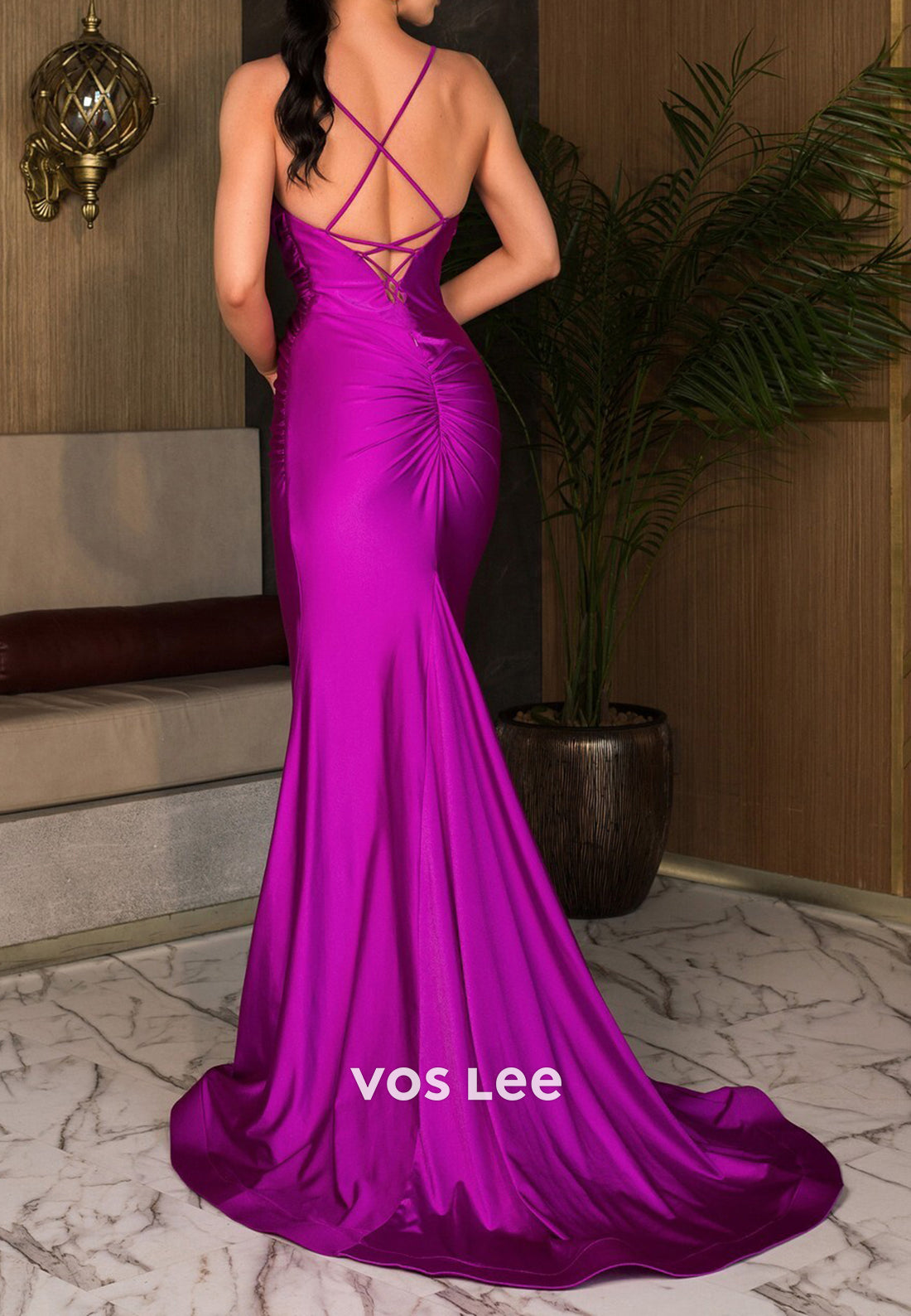 Spaghetti Straps Crossed Straps Trumpet Trumpet Prom Dresses with Sweep Train