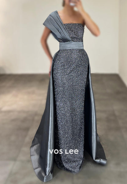 Sparkle & Shine One Shoulder Pleated Sheath Long Evening Dresses with Court Train