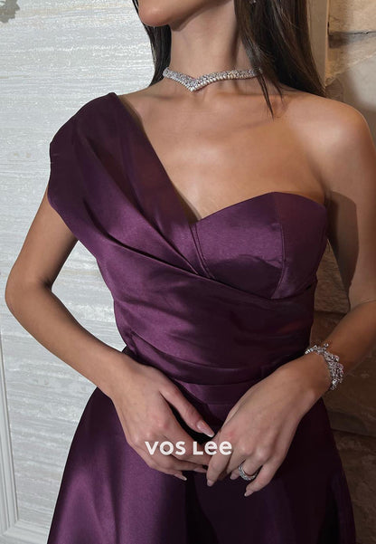 Simple A-Line One Shoulder Grape Pleated Evening Dresses