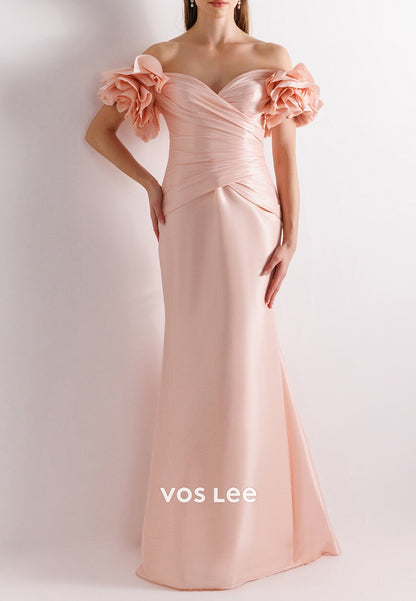 Off the Shoulder Sweetheart Pleated Sheath Floor-Length Evening Dresses Formal Dresses