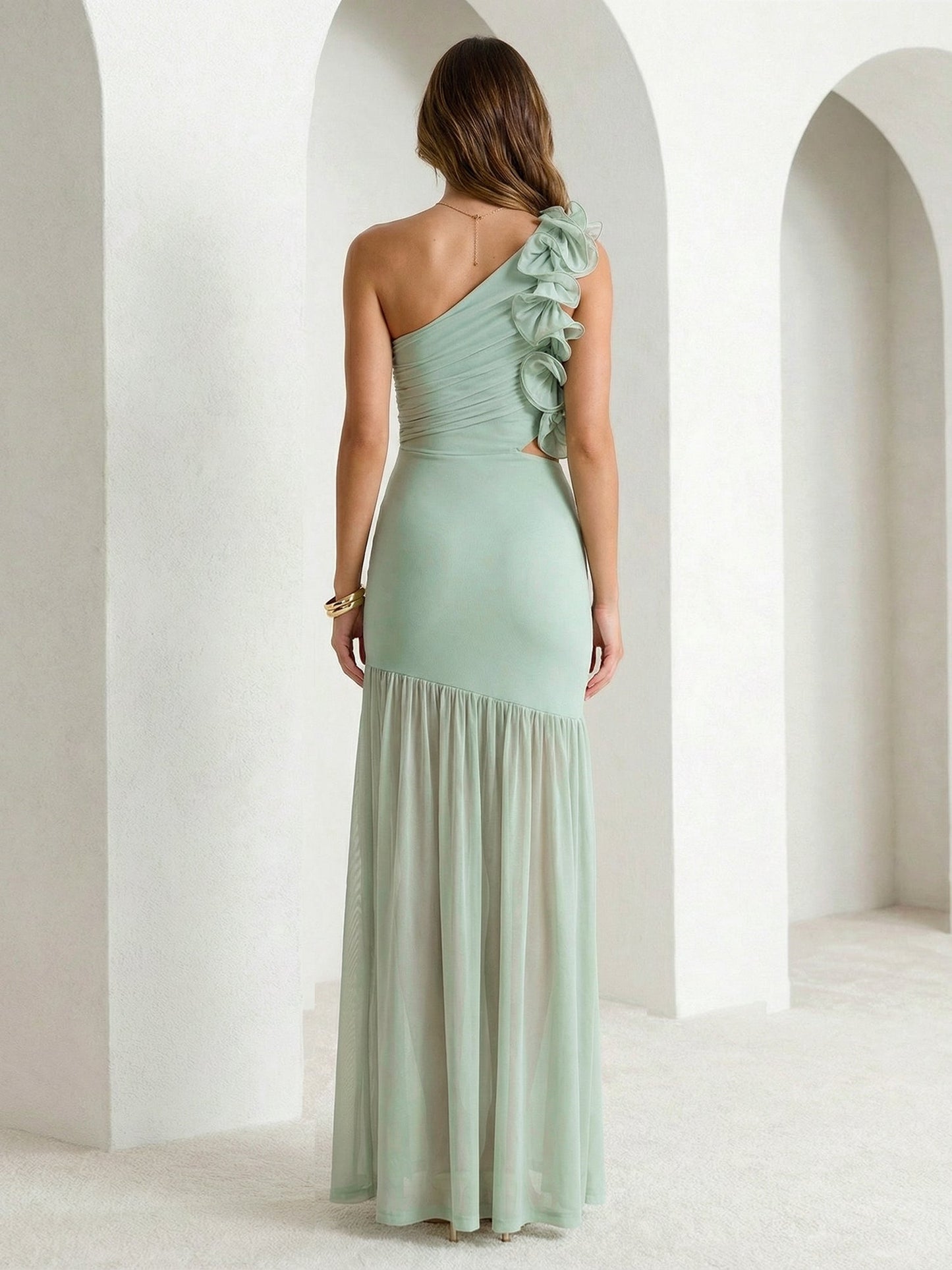 Sage Green One Shoulder Slit Maxi Dress Prom Dress with 3D Flower