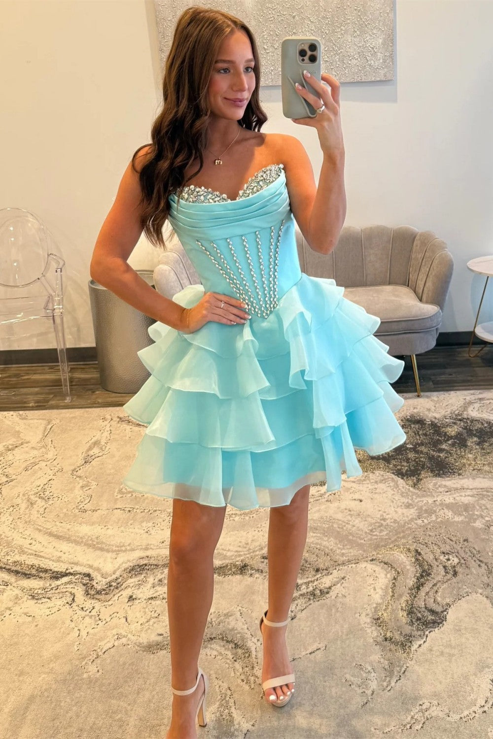 Pretty A Line Sweetheart Blue Corset Homecoming Dress with Beading Ruffles