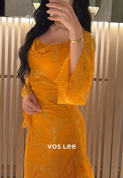 Long Sleeve Square Lace Appliques Rhinestone Ankle-Length Long Evening Dresses
