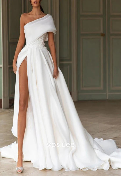 A-Line One Shoulder Appliqued Pleated Split Bowknot Wedding Dresses with Court Train