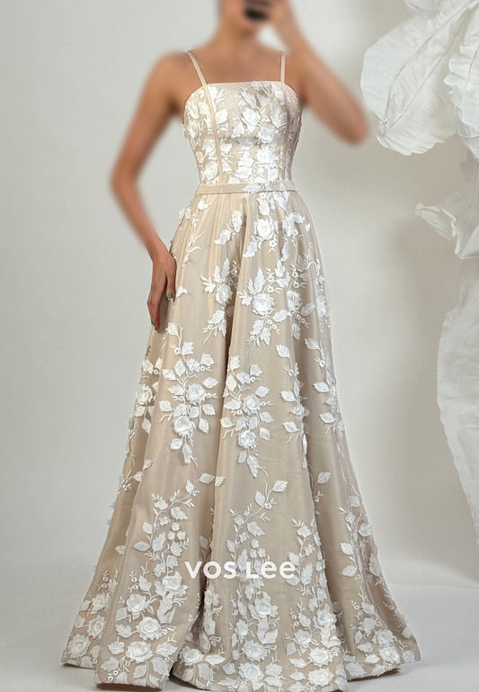 Classic A-Line Spaghetti Straps Appliques Lace Pleated Floor-Length Evening Dresses